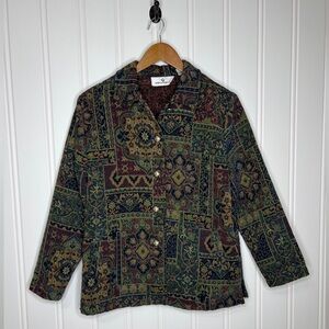 Erin London Women's Floral Tapestry Button Front Jacket Green Red Size Medium